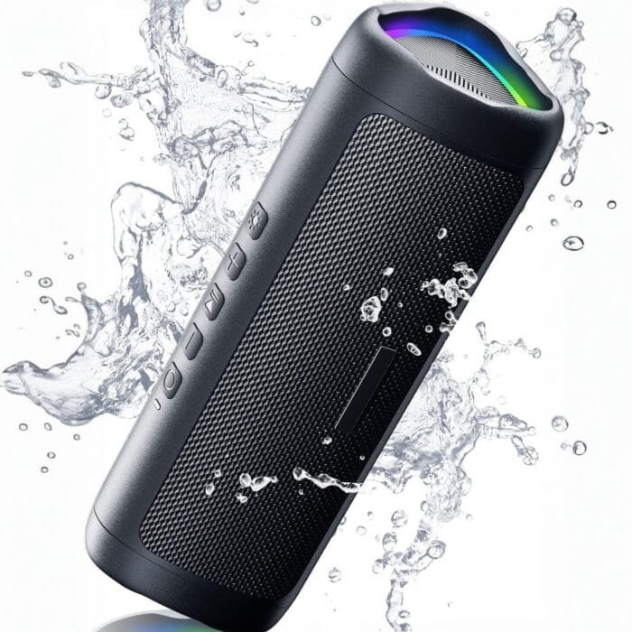 Altavoz Bluetooth inalámbrico resistente al agua con luces LED.