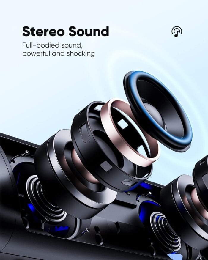 Corte transversal de un altavoz Bluetooth revelando sus componentes internos para un sonido estéreo potente y envolvente.