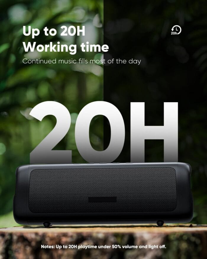 Altavoz Bluetooth portátil con hasta 20 horas de reproducción continua.