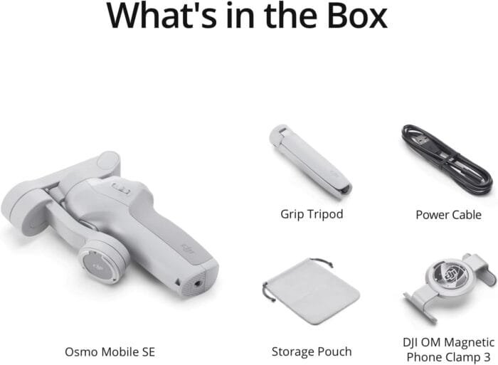 Contenido de la caja del estabilizador inteligente DJI Osmo Mobile 6, que incluye trípode, cable de carga, abrazadera magnética y bolsa de transporte.