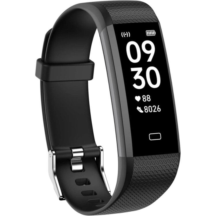 Smartband Livikey Fitness Tracker negra con pantalla digital, monitoreo de frecuencia cardíaca y diseño elegante.