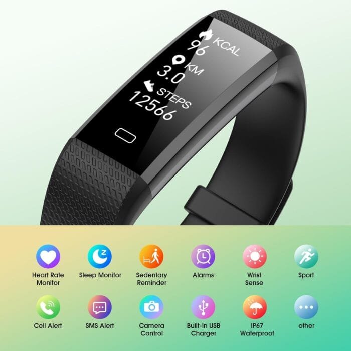 Smartband Livikey destacando sus funciones: monitoreo cardíaco, sueño, IP67, alertas SMS y más.