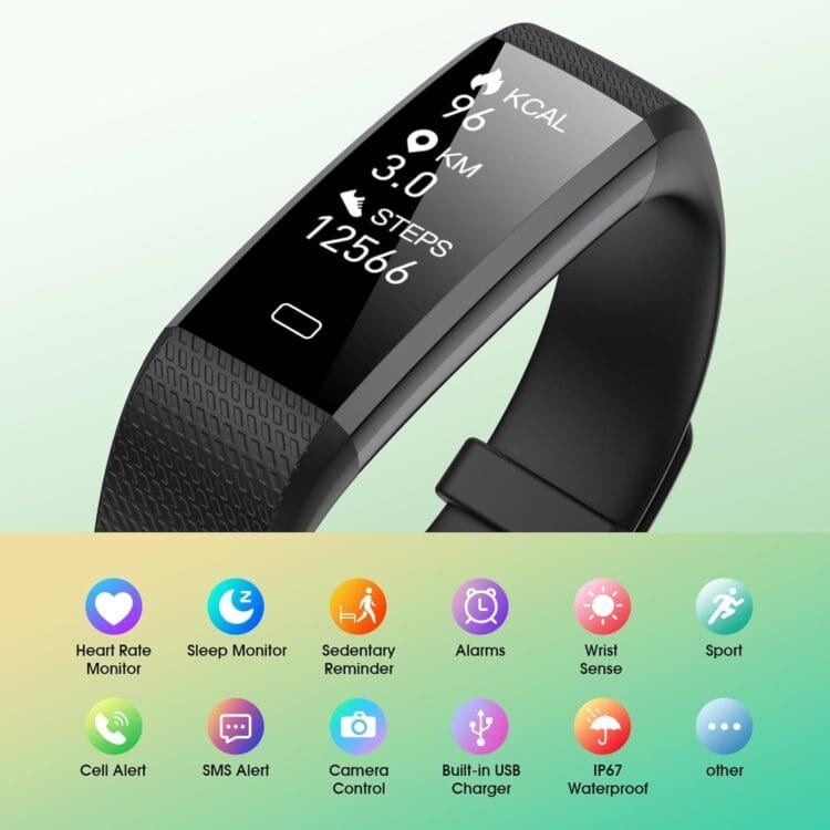 Smartband Livikey destacando sus funciones: monitoreo cardíaco, sueño, IP67, alertas SMS y más.