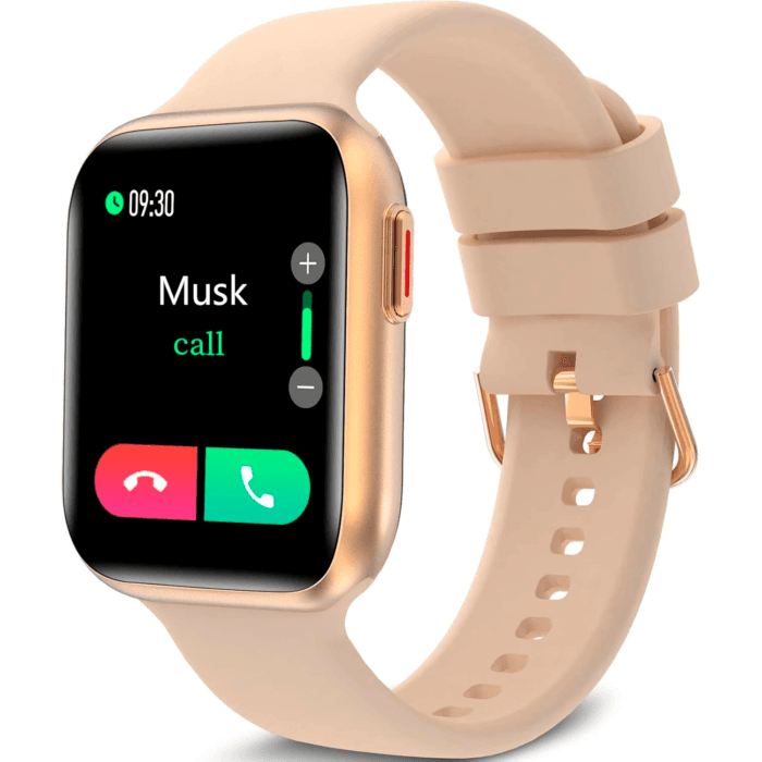 Smartwatch Bribejat 1.7" con pantalla HD táctil, diseño elegante en dorado y llamadas Bluetooth.