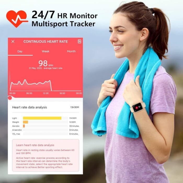 Monitoreo de salud con el Smartwatch Bribejat 1.7": frecuencia cardíaca, SpO2 y calidad del sueño.
