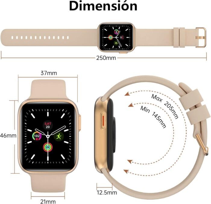 Dimensiones del Smartwatch Bribejat 1.7": pantalla de 1.7", correa ajustable y diseño ergonómico.