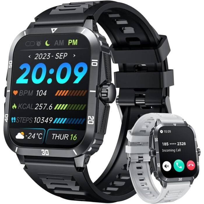 Imagen de un smartwatch militar para hombres, modelo Niizero, con pantalla HD de 2.0 pulgadas, correa de silicona negra y funcionalidades como llamadas Bluetooth, monitoreo de salud y más de 100 modos deportivos.