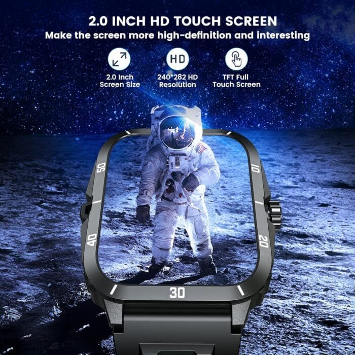 Imagen de un smartwatch militar para hombres, modelo Niizero, con pantalla HD de 2.0 pulgadas, correa de silicona negra y funcionalidades como llamadas Bluetooth, monitoreo de salud y más de 100 modos deportivos.