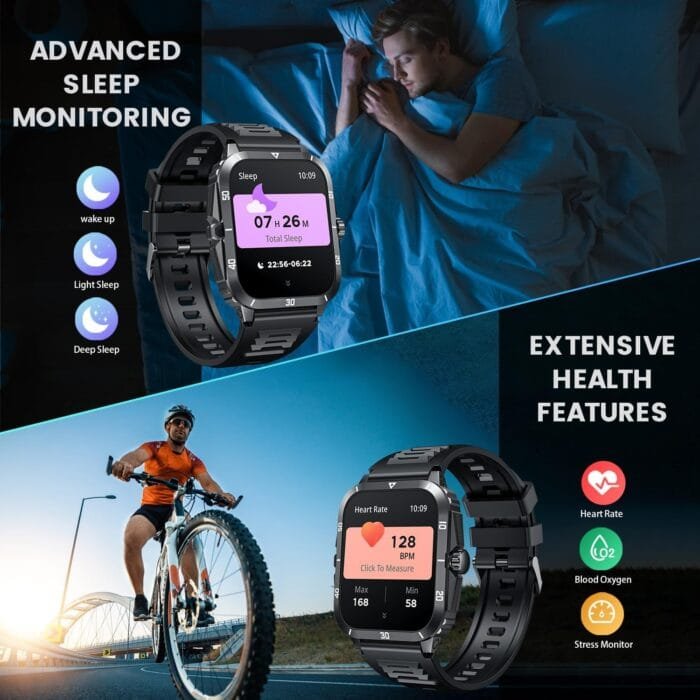Imagen de un smartwatch militar para hombres, modelo Niizero, con pantalla HD de 2.0 pulgadas, correa de silicona negra y funcionalidades como llamadas Bluetooth, monitoreo de salud y más de 100 modos deportivos.