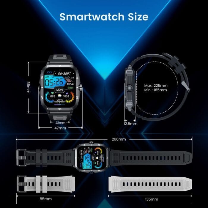 Imagen de un smartwatch militar para hombres, modelo Niizero, con pantalla HD de 2.0 pulgadas, correa de silicona negra y funcionalidades como llamadas Bluetooth, monitoreo de salud y más de 100 modos deportivos.