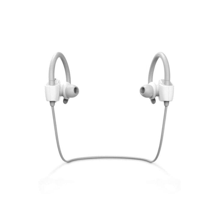 Vista lateral de los auriculares Energy Sistem Sport 1 blancos con diseño ergonómico y ganchos ajustables.