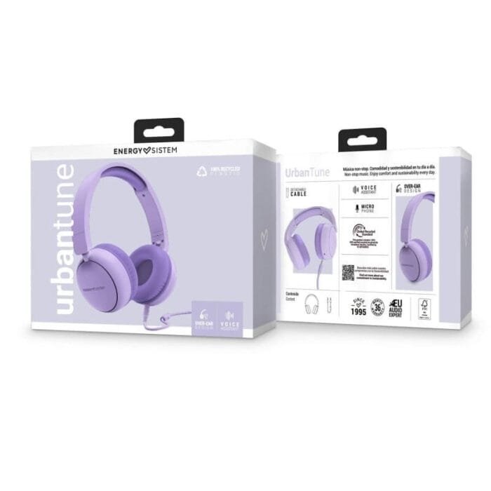 Empaque de los Auriculares Energy Sistem Urban Tune color lavanda con detalles del producto.